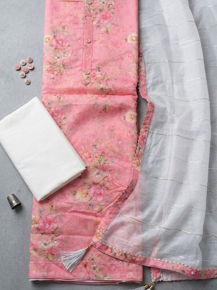 Printed Chanderi Unstitched Suit With Pant &amp; Dupatta
