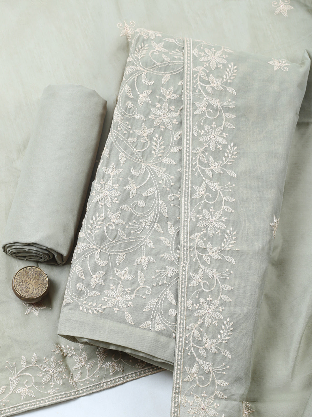 Embroidered, Cotton Blend Unstitched Suit With Pant &amp; Dupatta