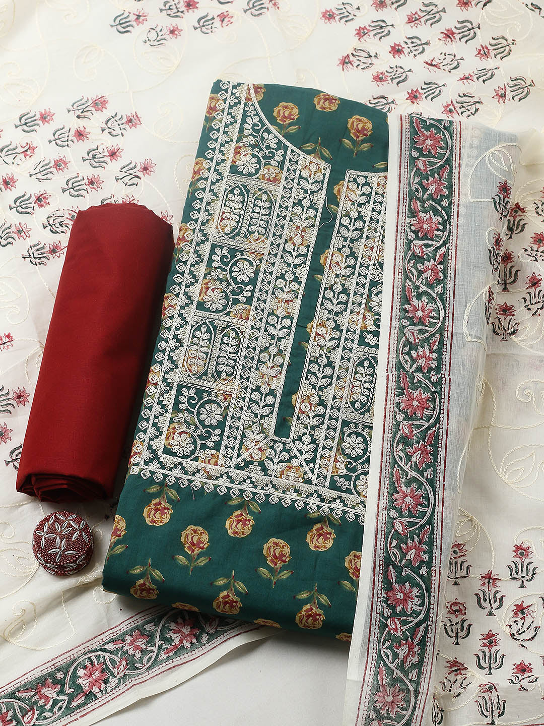 Printed Cotton Blend Unstitched Suit With Pant &amp; Dupatta