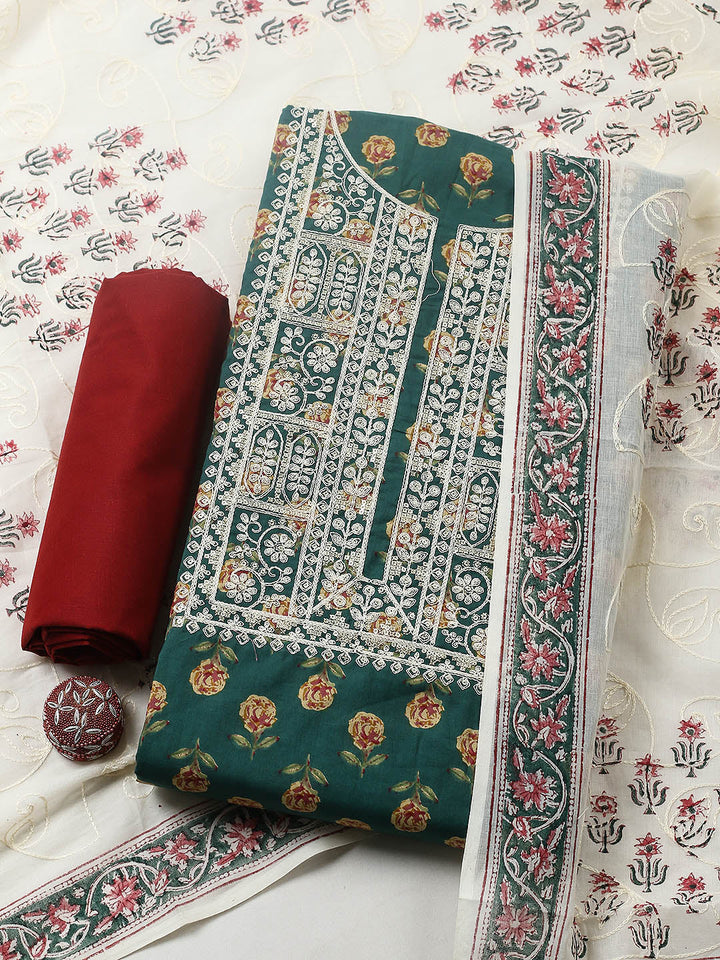 Printed Cotton Blend Unstitched Suit With Pant &amp; Dupatta