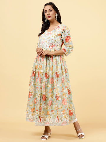 Floral Printed & Neck Embroidered Cotton Kurta