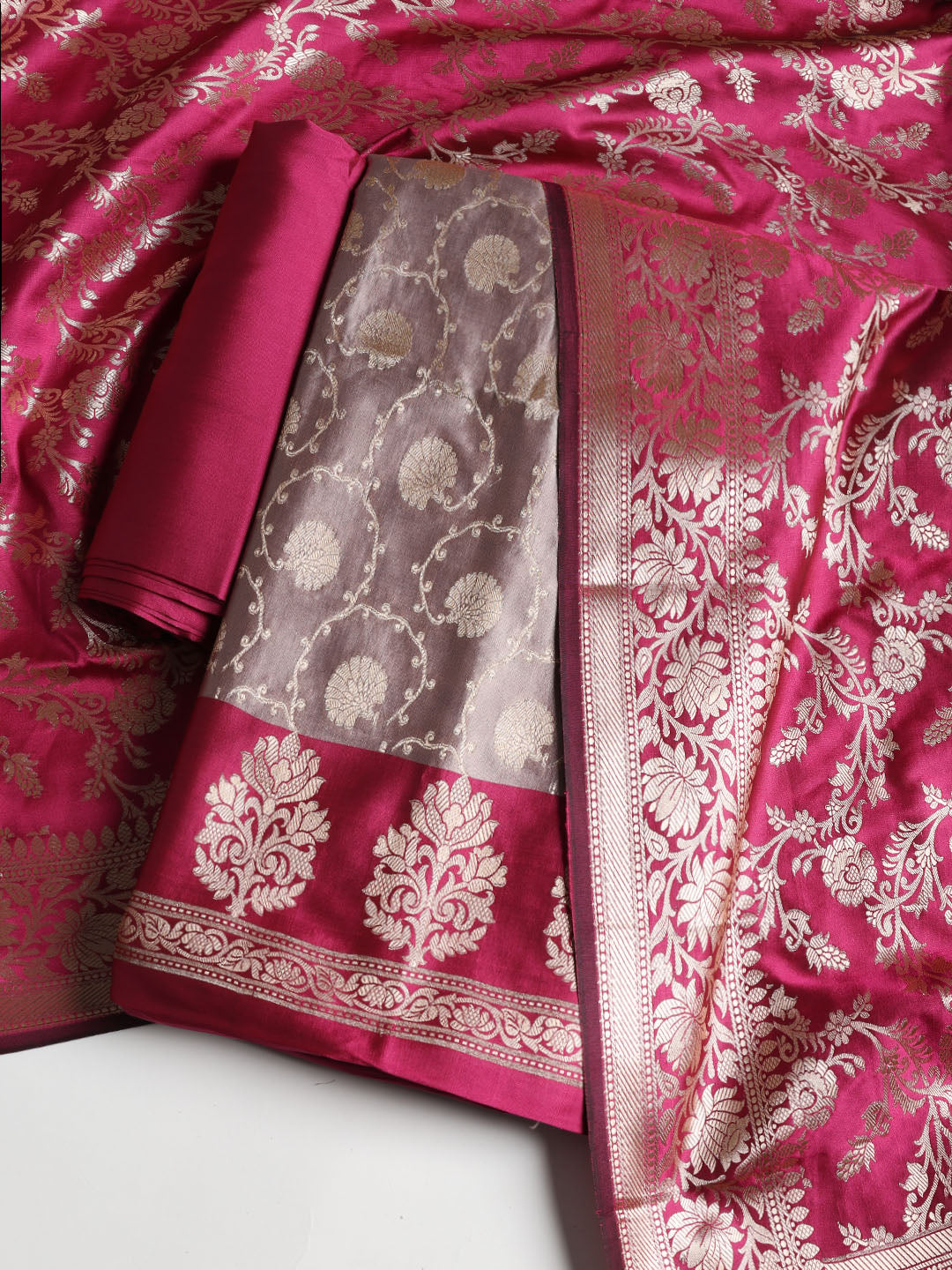 Woven Banarasi Chanderi Unstitched Suit With Dupatta