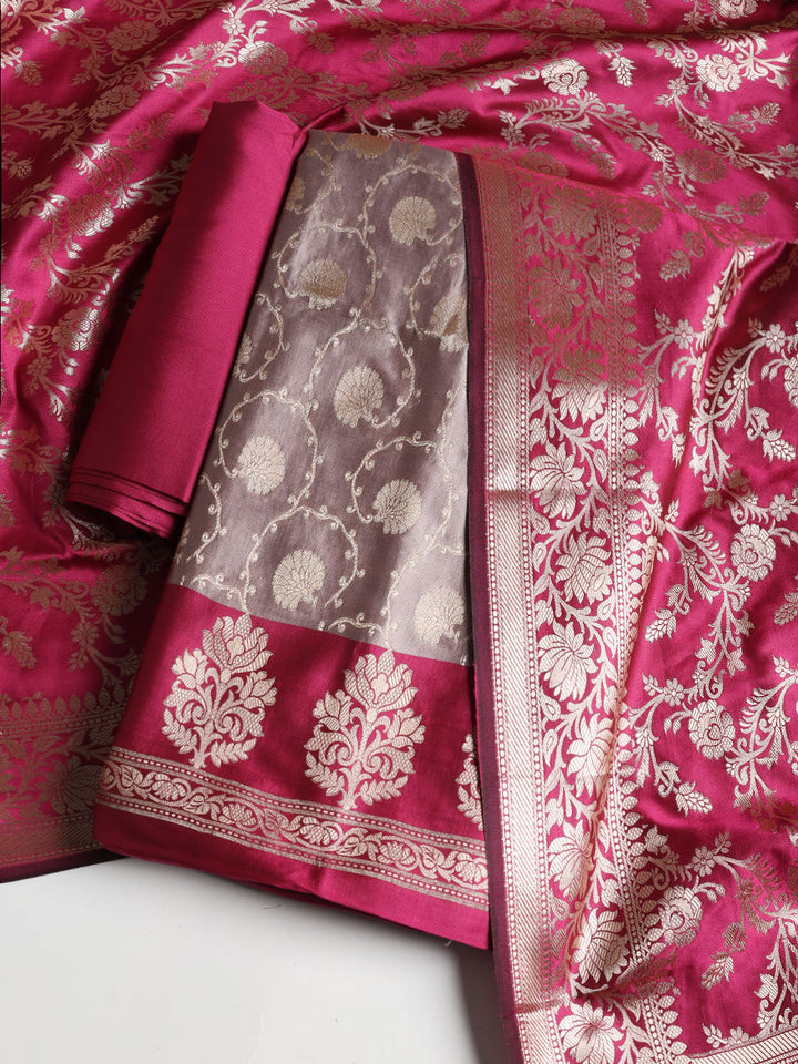 Woven Banarasi Chanderi Unstitched Suit With Dupatta