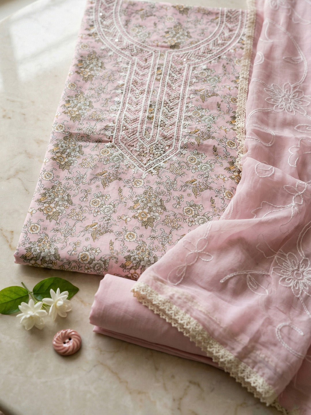 Embroidered Cotton Blend Unstitched Suit With Pant &amp; Dupatta