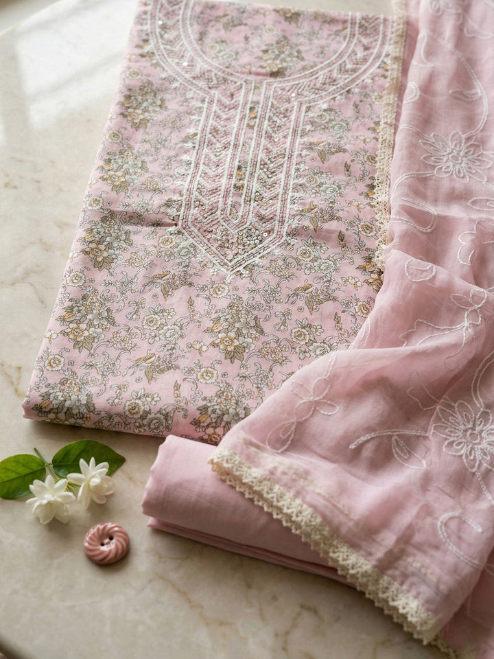 Embroidered Cotton Blend Unstitched Suit With Pant &amp; Dupatta