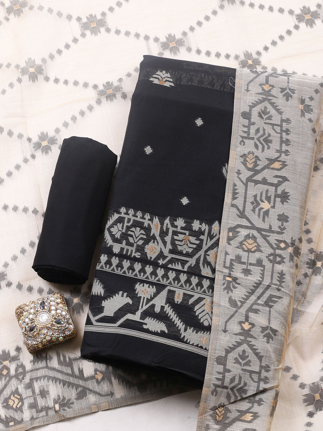 Printed Chanderi Unstitched Suit With Pant Dupatta