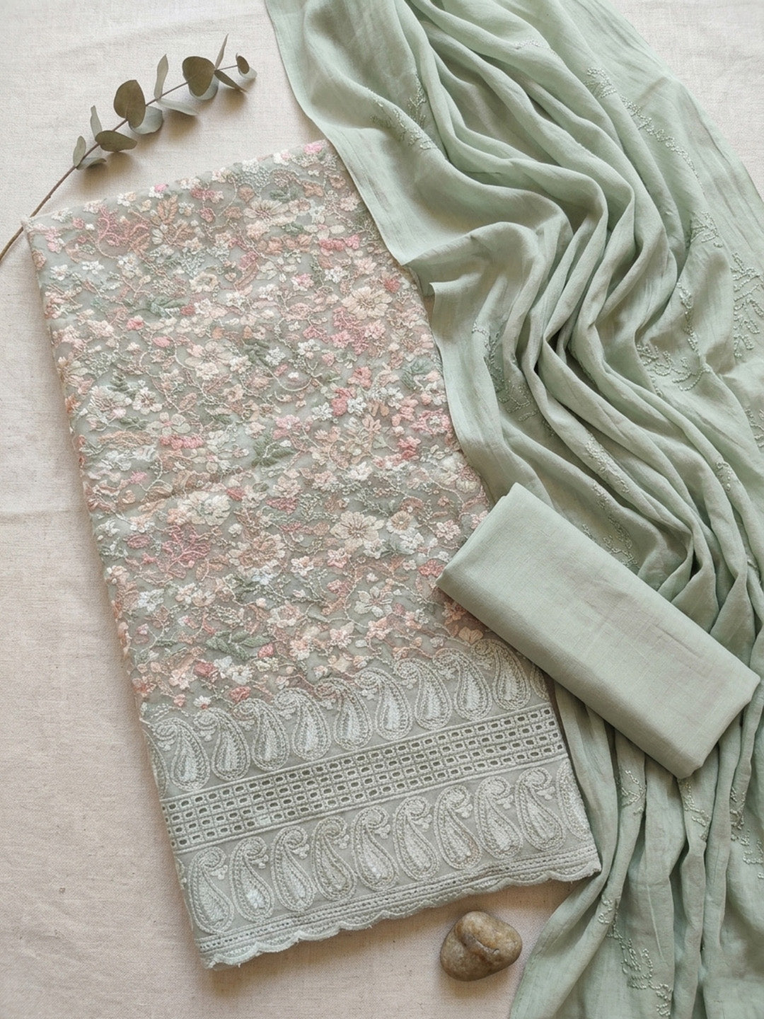 Embroidered Cotton Blend Unstitched Suit Pant &amp; Dupatta