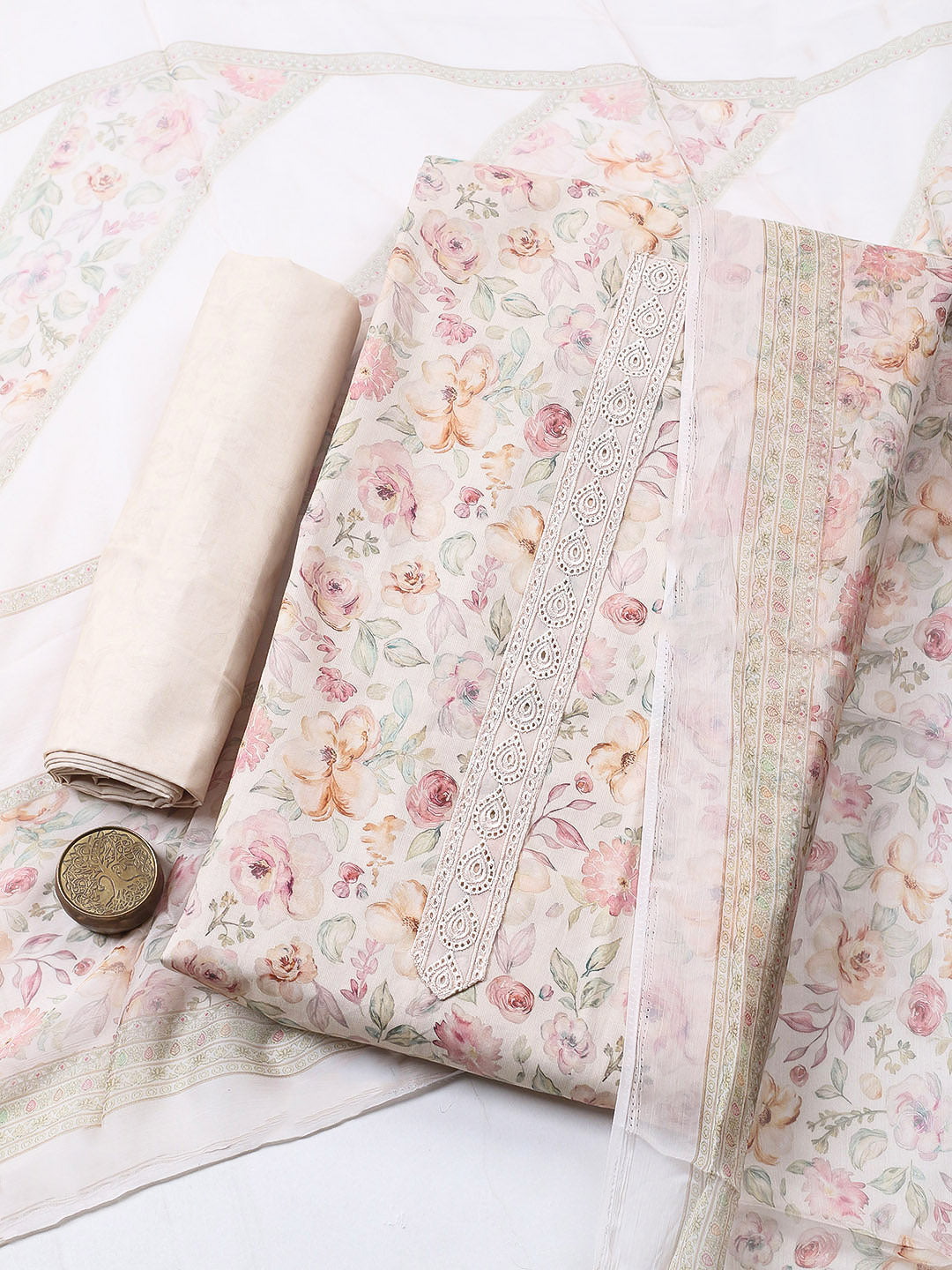 Embroidered Cotton Blend Unstitched Suit With Pant &amp; Dupatta