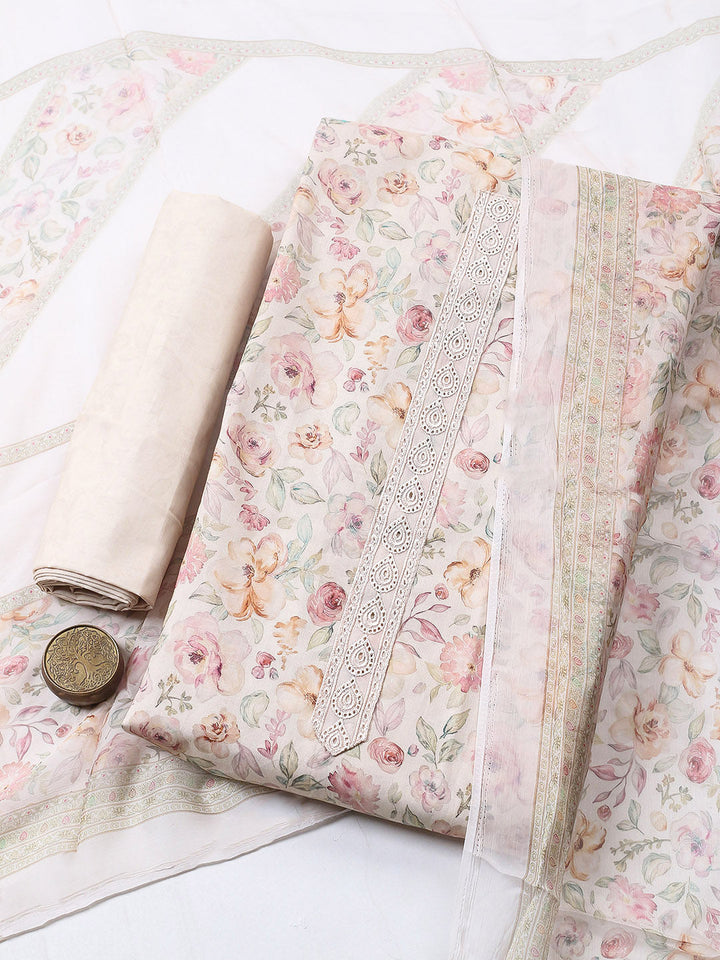 Embroidered Cotton Blend Unstitched Suit With Pant &amp; Dupatta