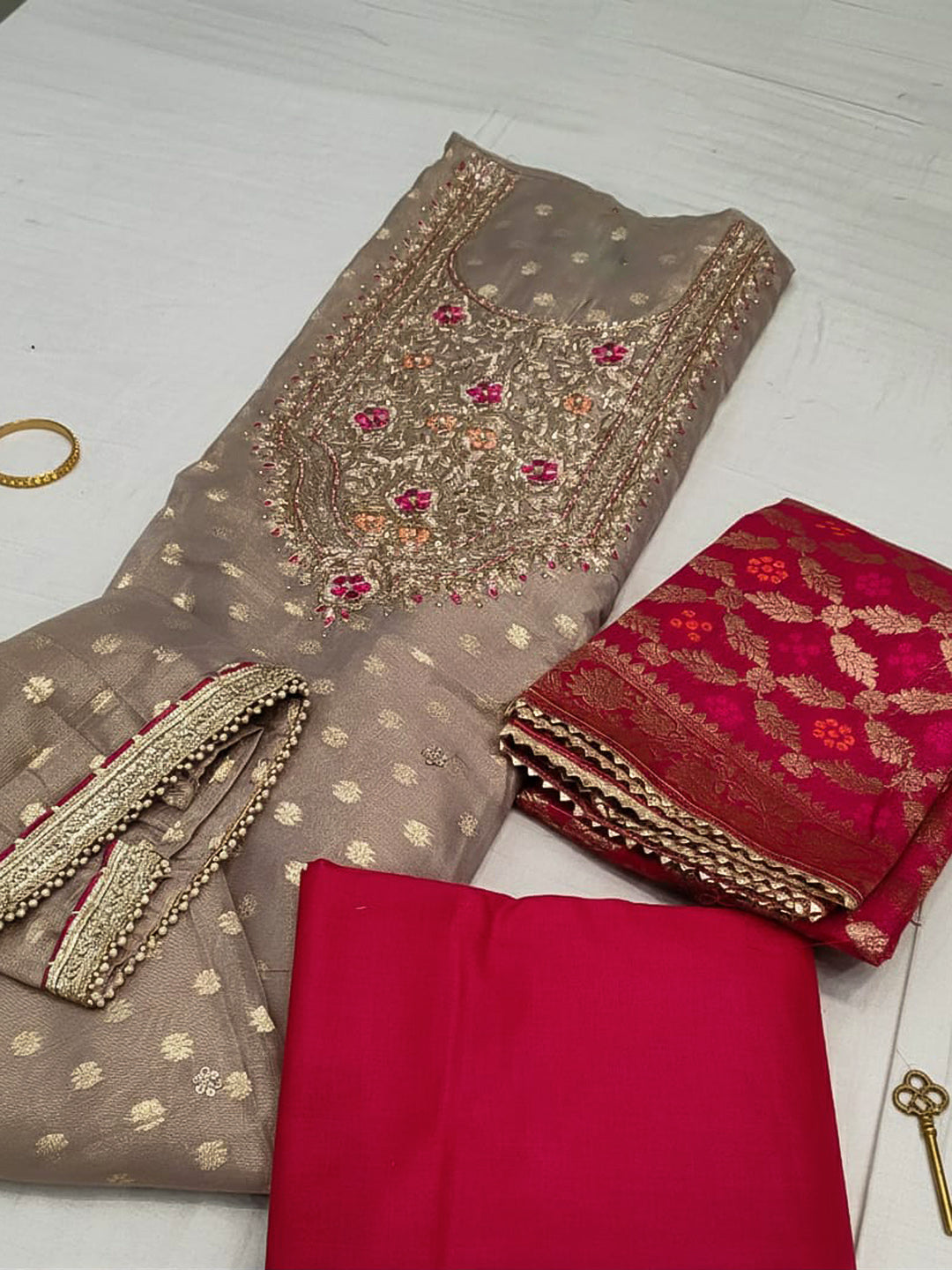 Embroidered Chanderi Unstitched Suit With Pant &amp; Dupatta