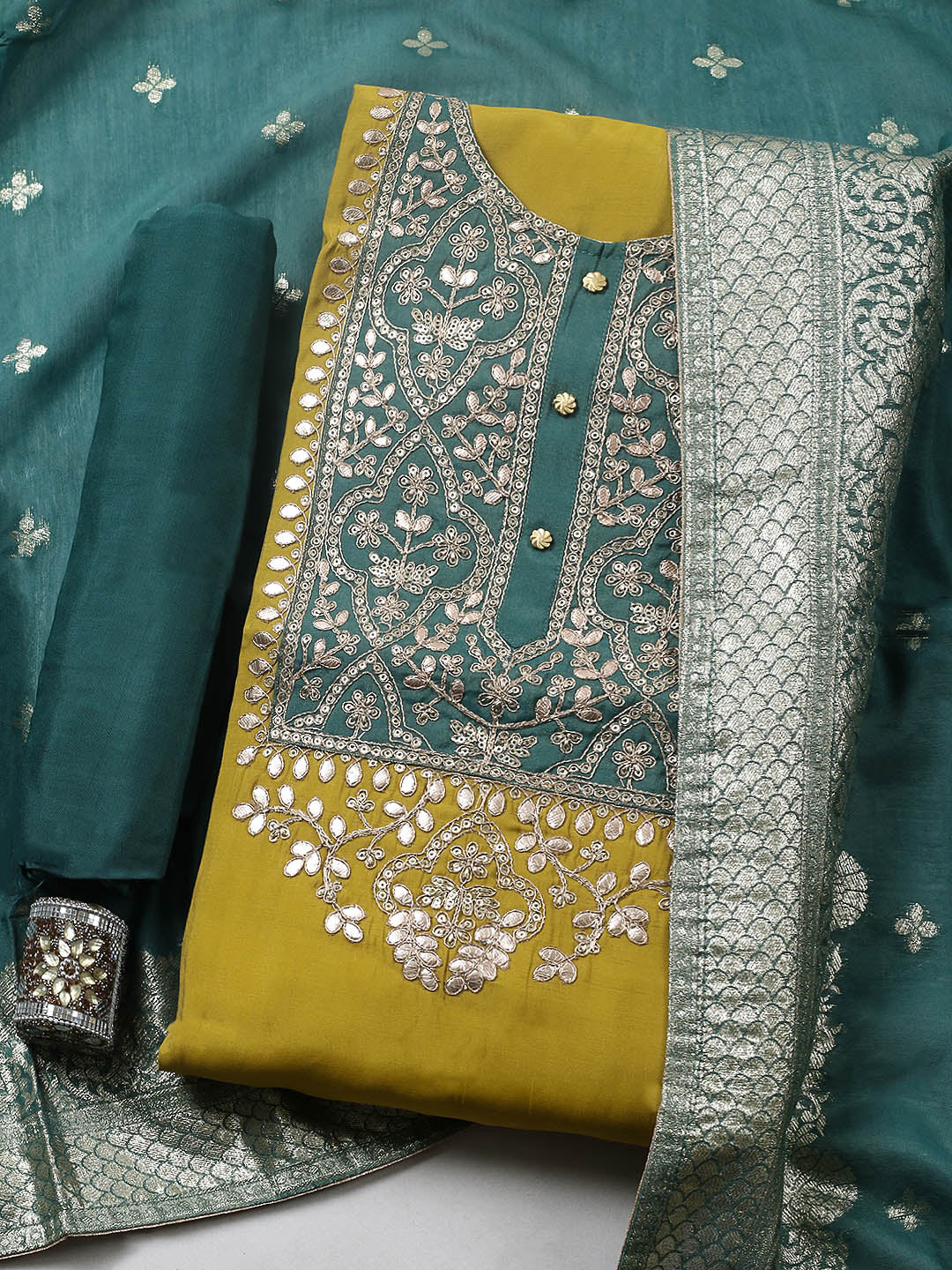 Embroidered Chanderi Unstitched Suit With Pant &amp; Dupatta