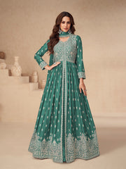 Embroidered Chinon Silk Gown With Plazzo & Dupatta