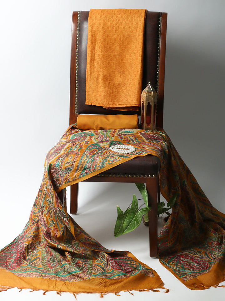 Printed Tussar Unstitched Kurta With Pant &amp; Dupatta