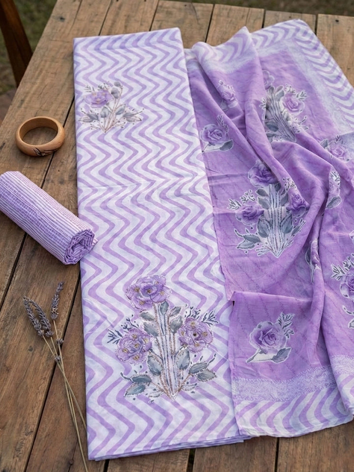 Printed Cotton Blend Unstitched Suit With Pant &amp; Dupatta