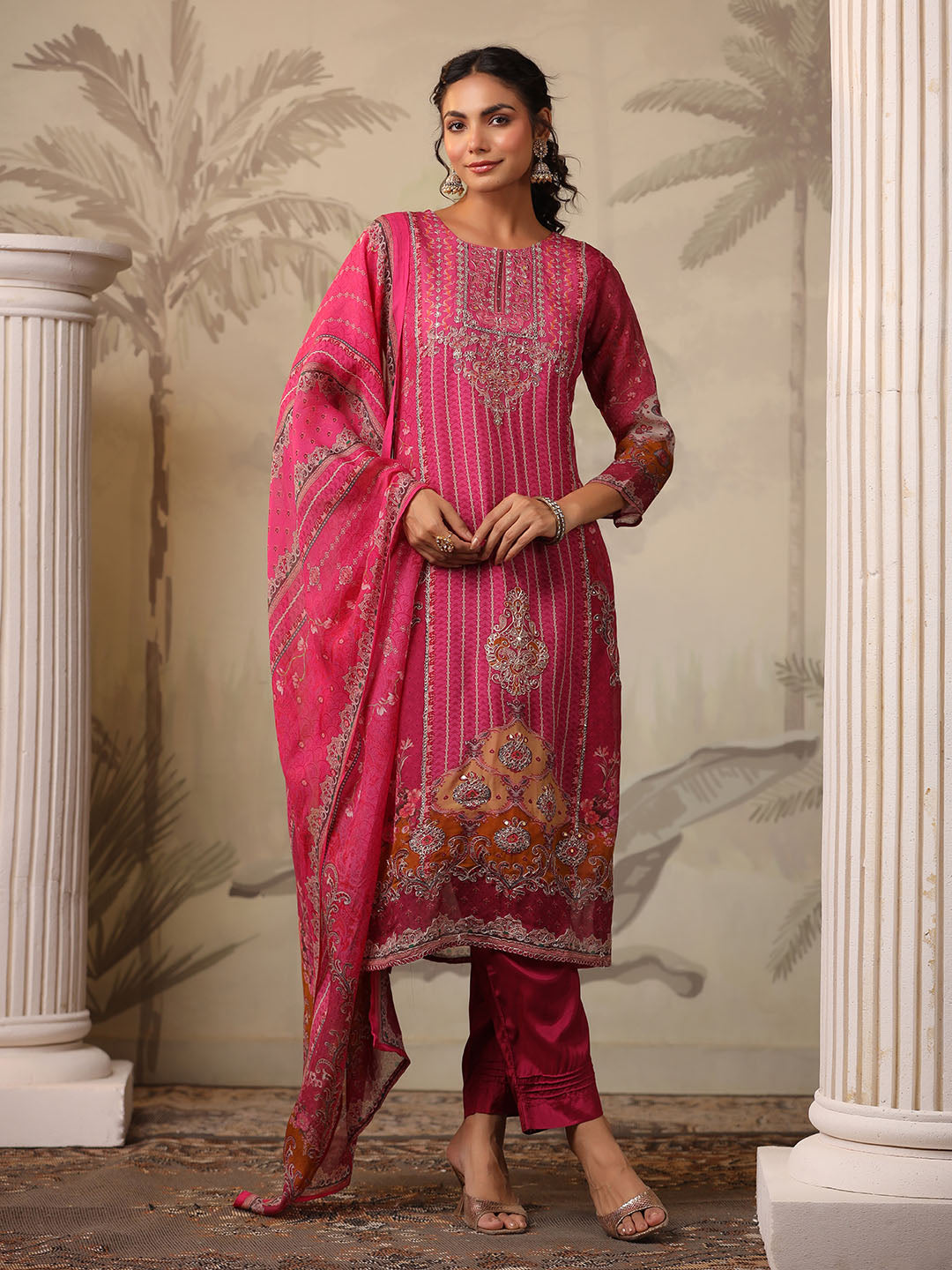 Printed & Embroidered Georgette Kurta With Pants & Dupatta