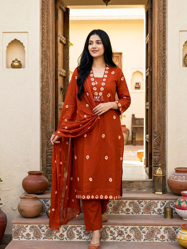 Orange Embroidered Cotton Blend Straight Suit Set With Dupatta