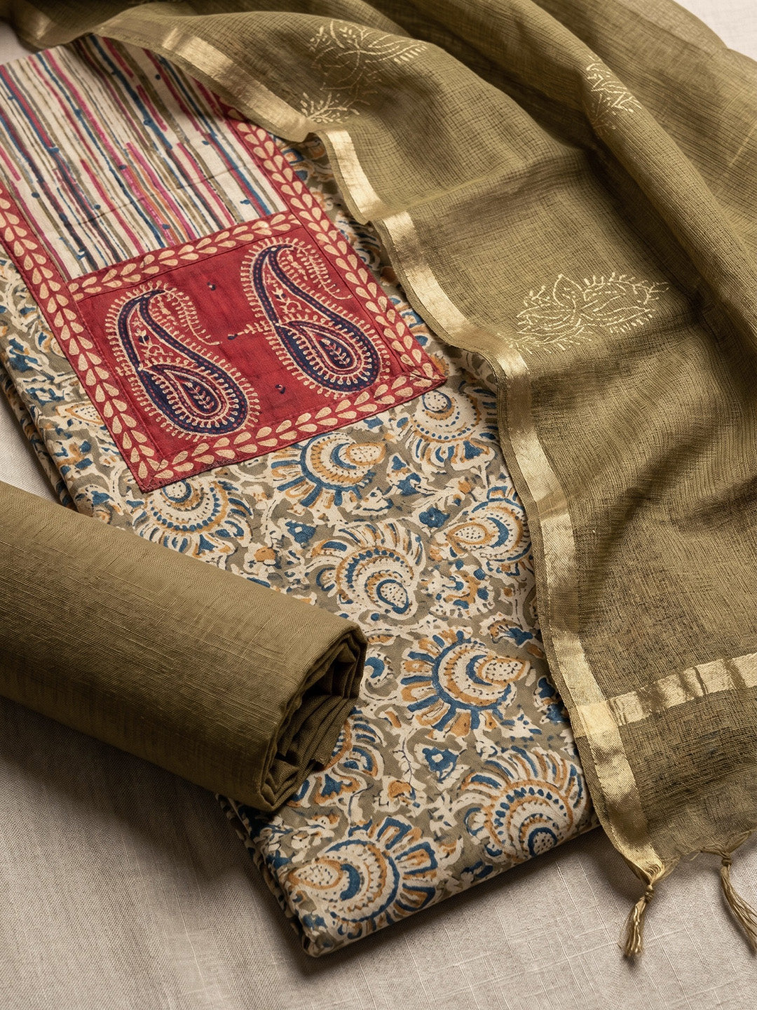 Printed Cotton Blend Unstitched Suit With Pant &amp; Dupatta