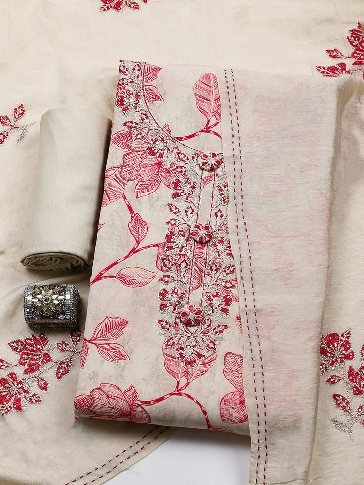 Embroidered Cotton Blend Unstitched Suit With Pant &amp; Dupatta