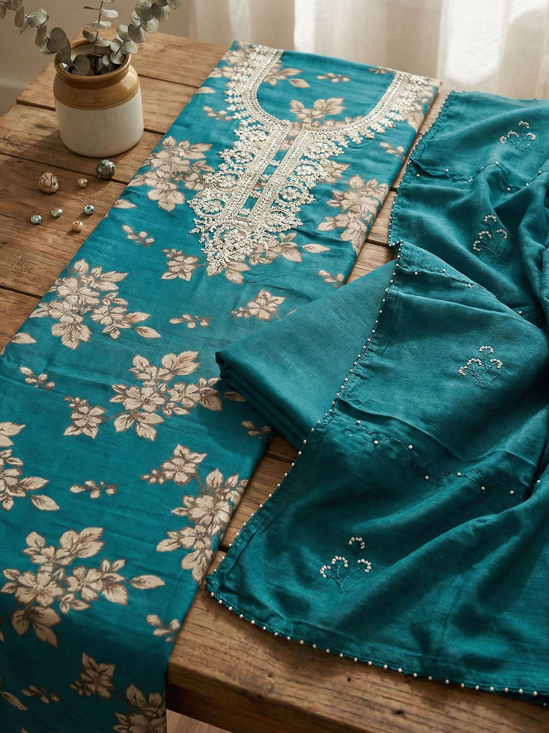 Embroidered Cotton Blend Unstitched Suit With Pant &amp; Dupatta