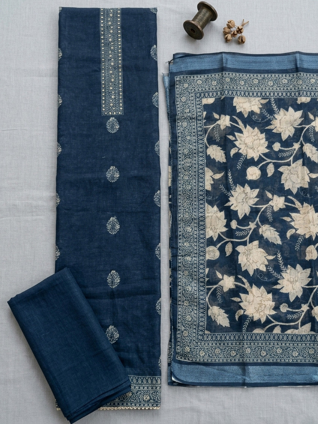 Embroidered Linen Blend Unstitched Suit With Pant &amp; Dupatta