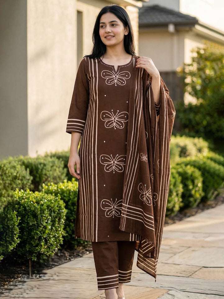 Printed Cotton Blend Kurta With Pant &amp; Dupatta