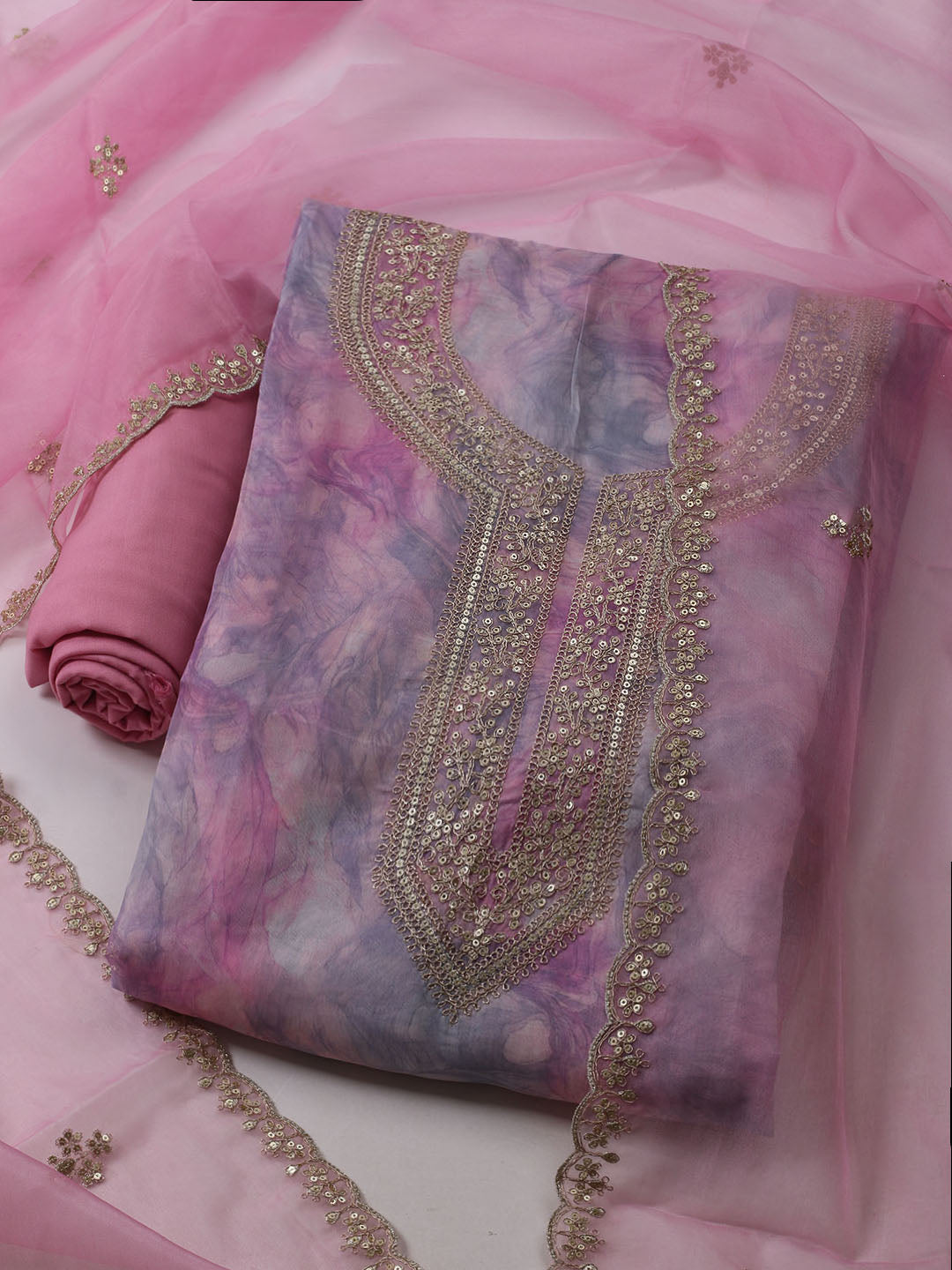 Neck Embroidered Organza Unstitched Suit With Dupatta