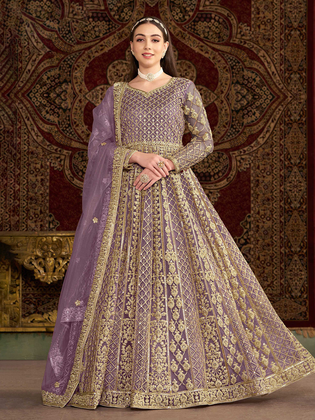 Embroidered Net Semi Stitched Gown With Dupatta