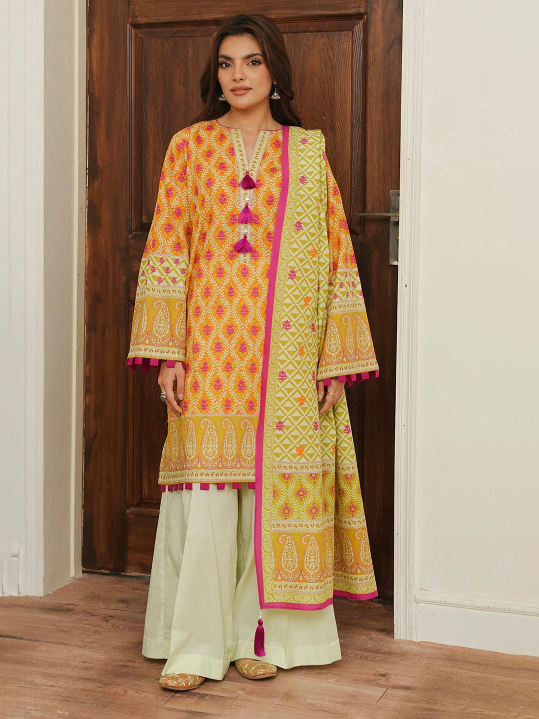 Embroidered Cotton Kaftaan With Plazzo &amp; Dupatta