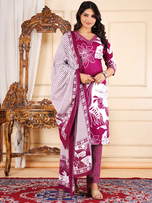 Floral Printed Cotton Blend Kurta With Pants & Dupatta