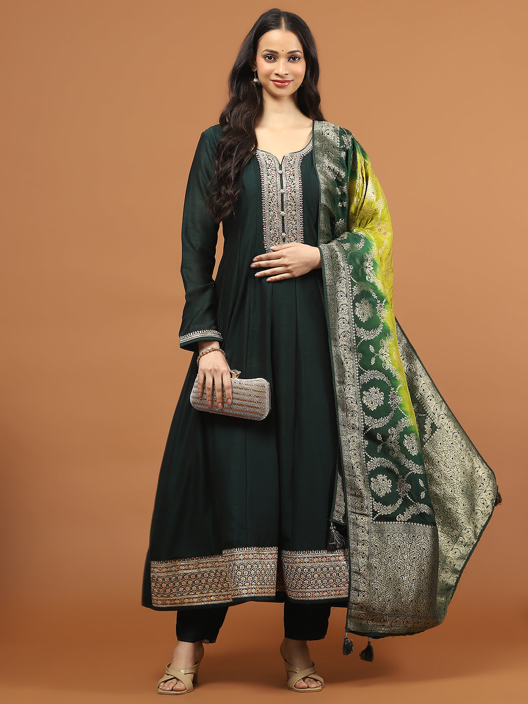 Zari Sequin Embroidery Art Silk Kurta With Pants & Dupatta