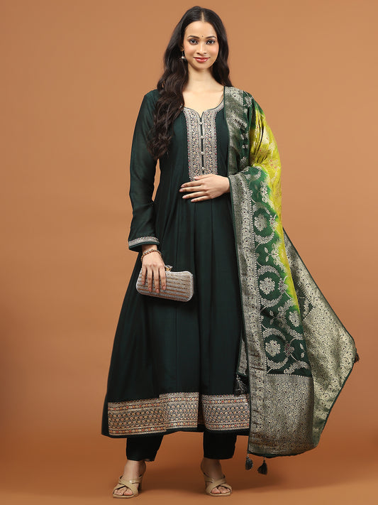 Zari Sequin Embroidery Art Silk Kurta With Pants & Dupatta