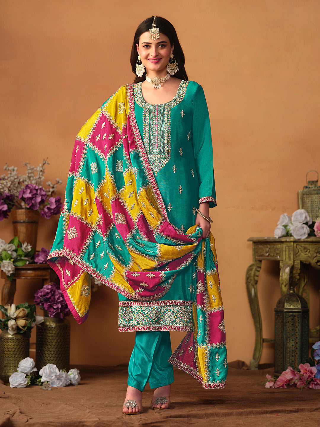 Embroidered Chinnon Silk Semi Stitched Kurta With Pant &amp; Dupatta