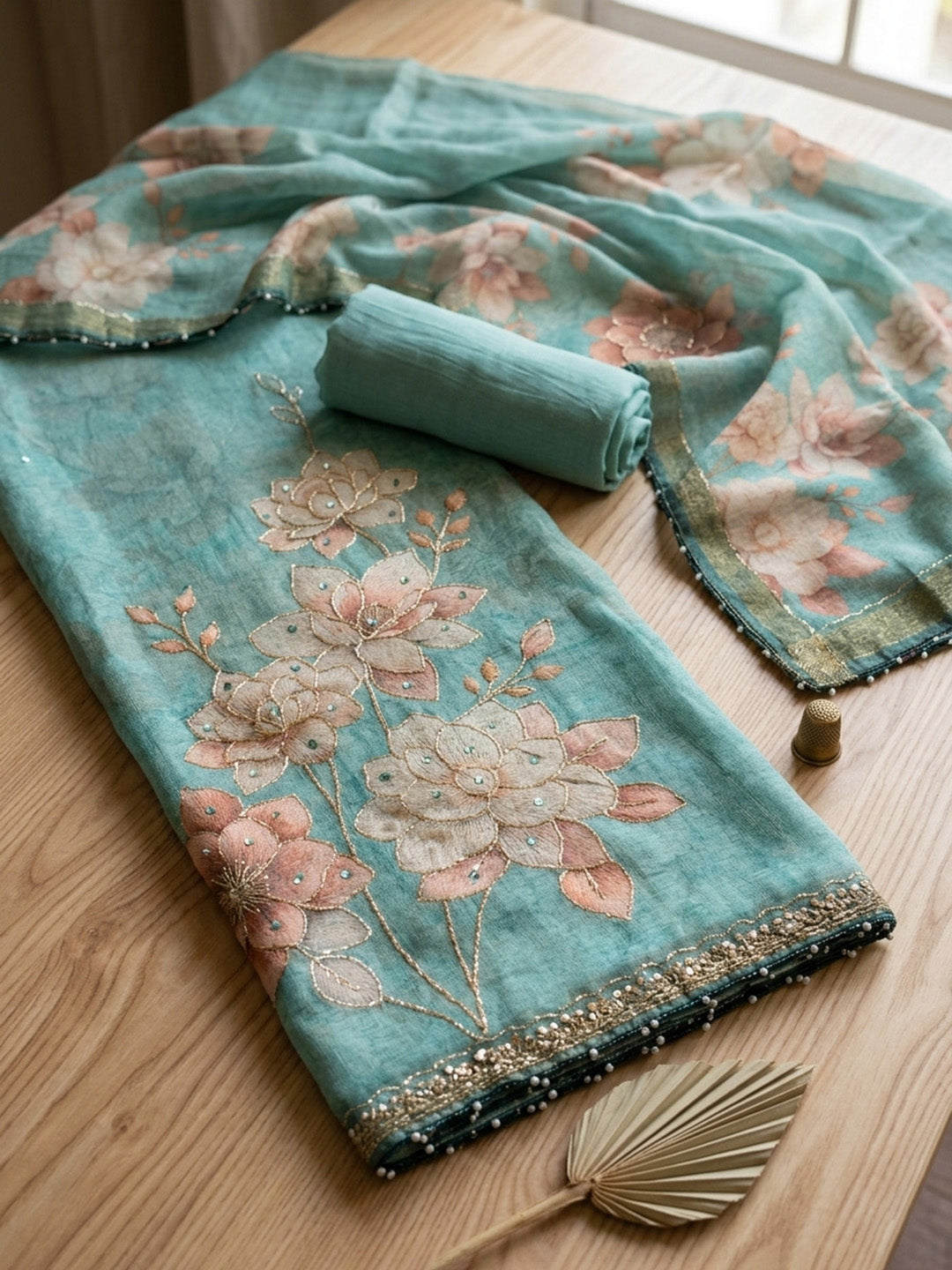 Embroidered Chanderi Unstitched Suit With Pant &amp; Dupatta