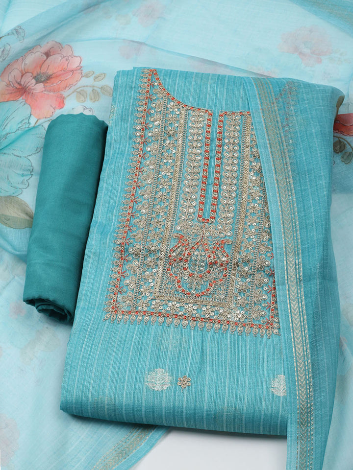 Embroidered Chanderi Unstitched Kurta With Pant &amp; Dupatta