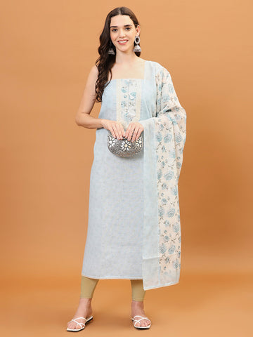 Printed Cotton Blend Unstitched Suit With Dupatta