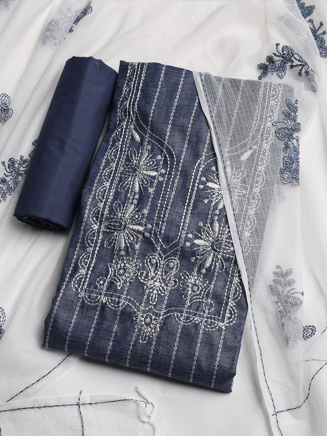Neck Embroidered Cotton Blend Unstitched Suit With Dupatta