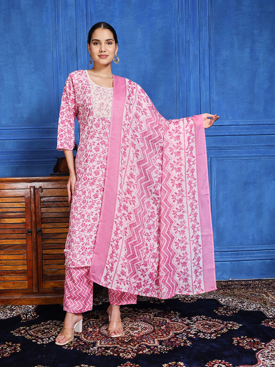 Printed Cotton Blend Kurta With Pants & Dupatta
