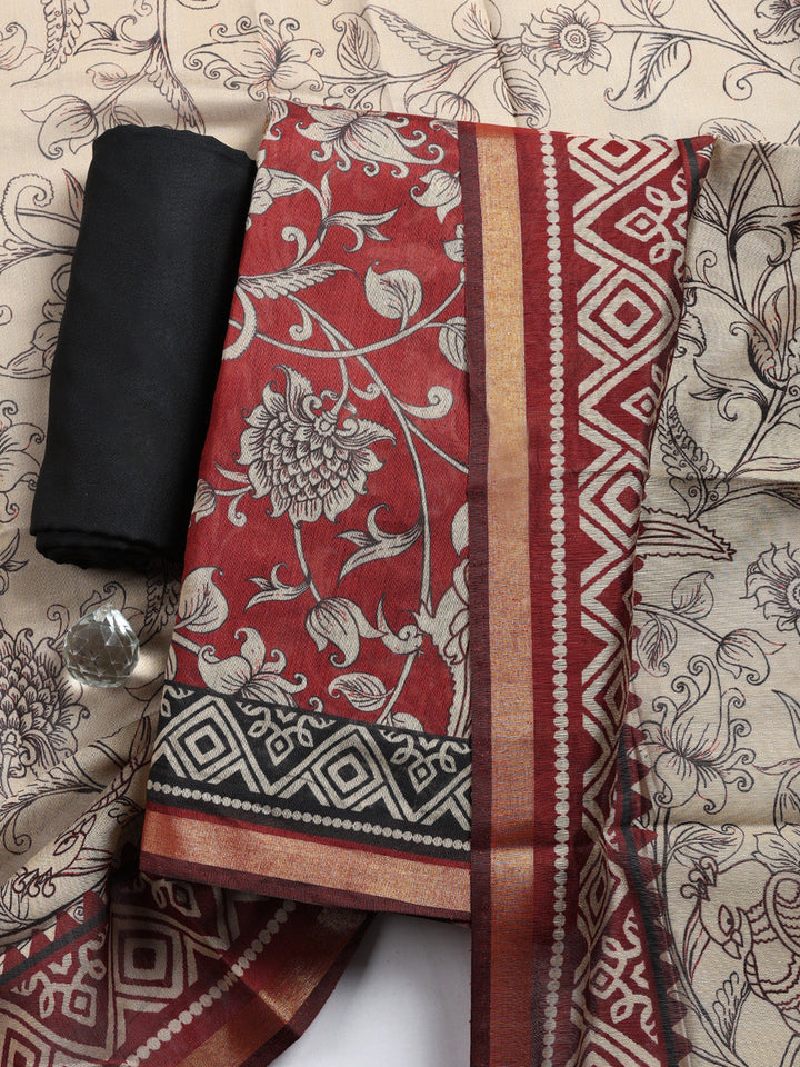 Printed, Cotton Blend Unstitched Suit With Pant &amp; Dupatta