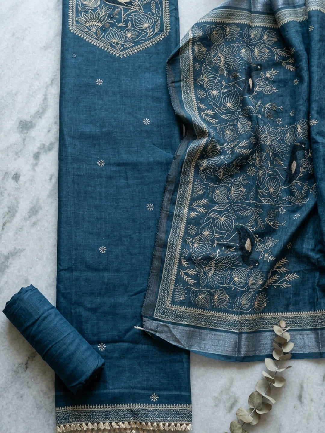 Embroidered Linen Blend Unstitched Suit With Pant &amp; Dupatta