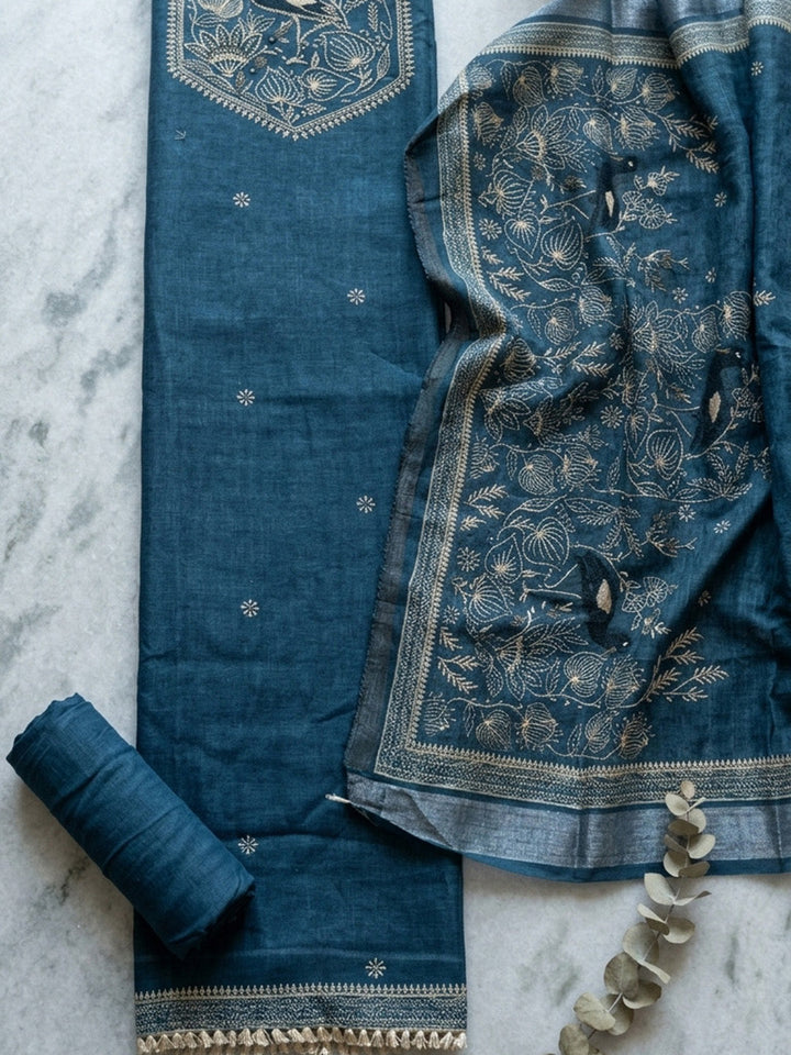 Embroidered Linen Blend Unstitched Suit With Pant &amp; Dupatta