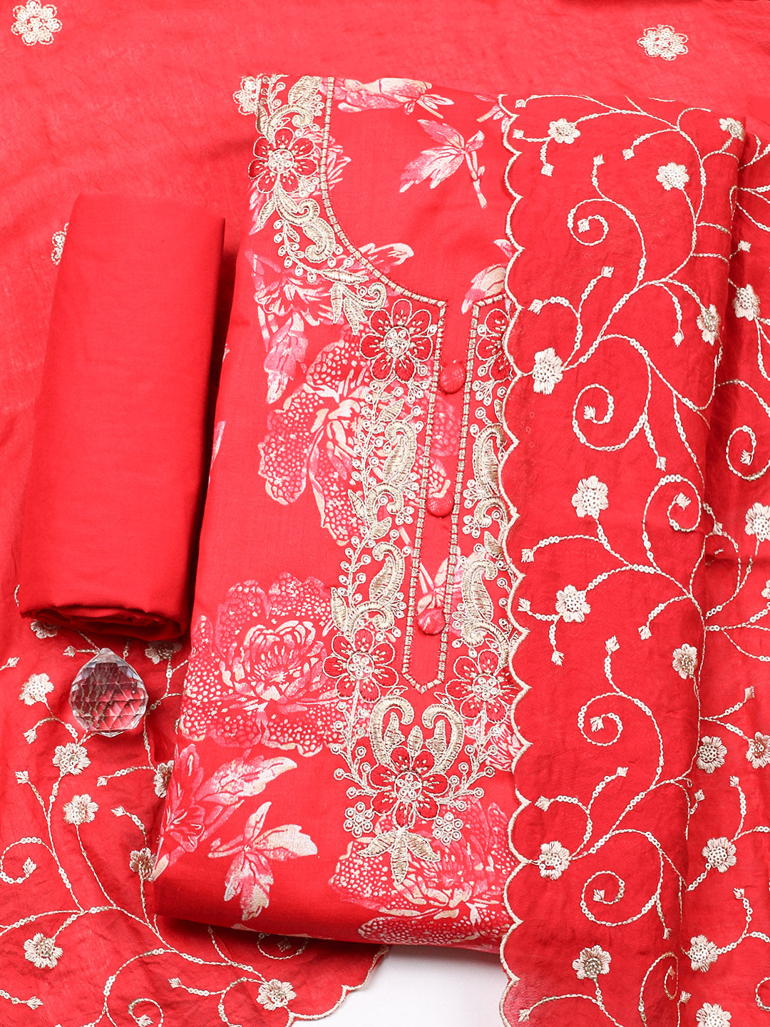 Embroidered Cotton Unstitched Suit With Pant &amp; Dupatta