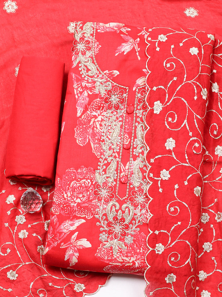Embroidered Cotton Unstitched Suit With Pant &amp; Dupatta