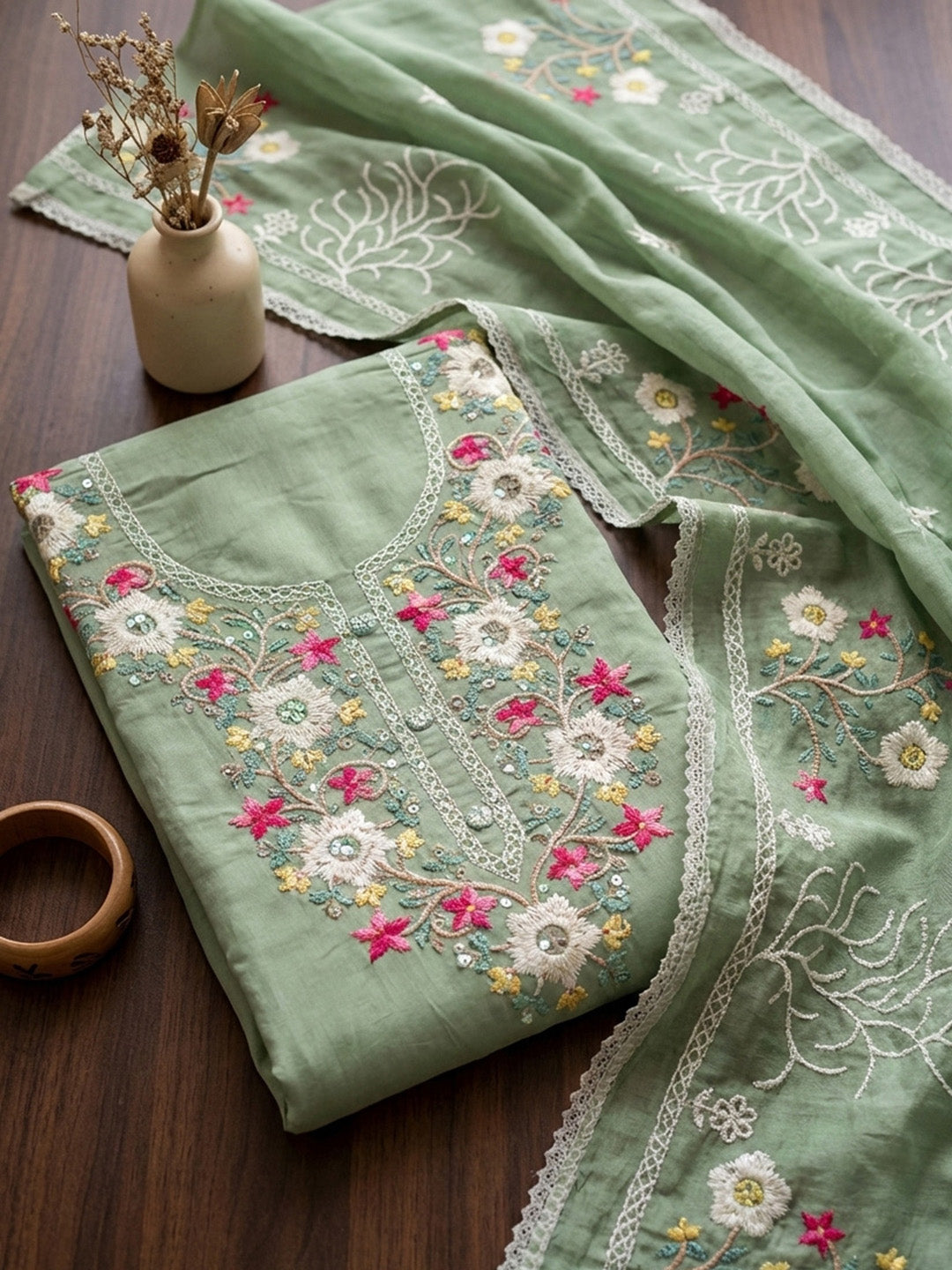 Embroidered Cotton Unstitched Suit With Pant &amp; Dupatta