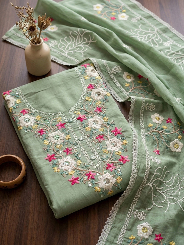 Embroidered Cotton Unstitched Suit With Pant &amp; Dupatta