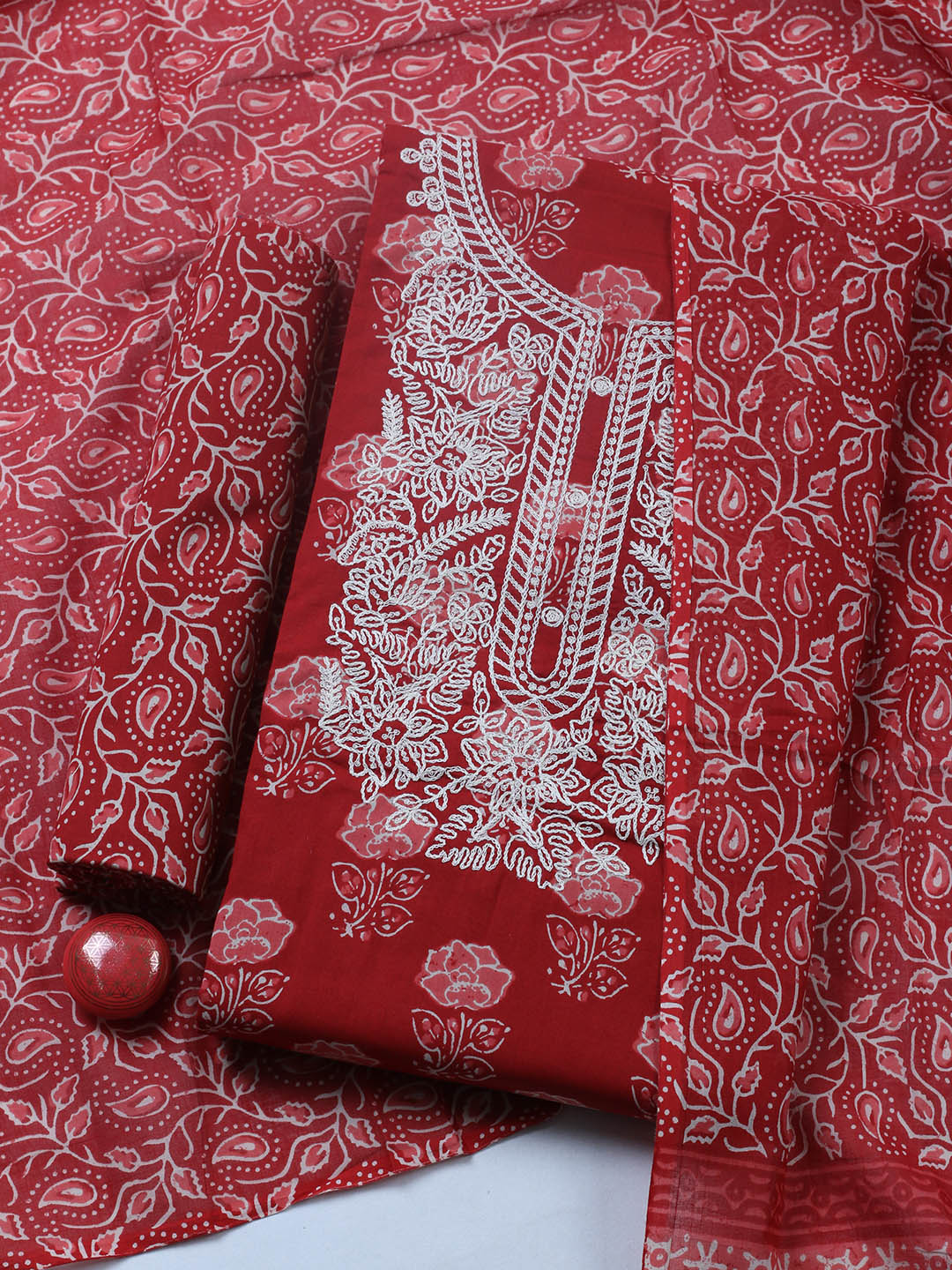 Embroidered Cotton Blend Unstitched Suit With Pant &amp; Dupatta