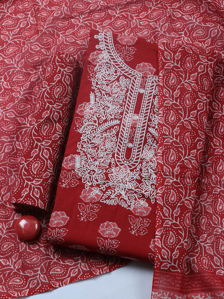 Embroidered Cotton Blend Unstitched Suit With Pant &amp; Dupatta