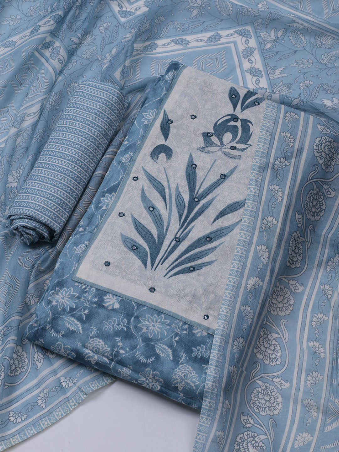Printed Cotton Blend Unstitched Suit With Dupatta