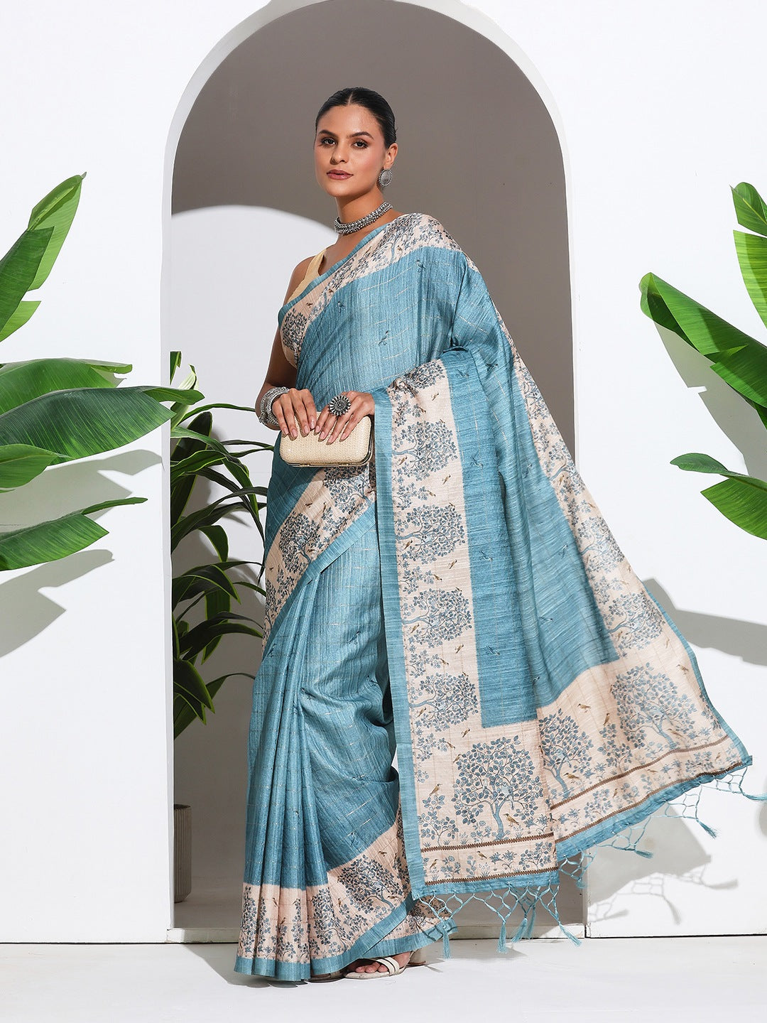 Floral Printed Tussar Silk Saree