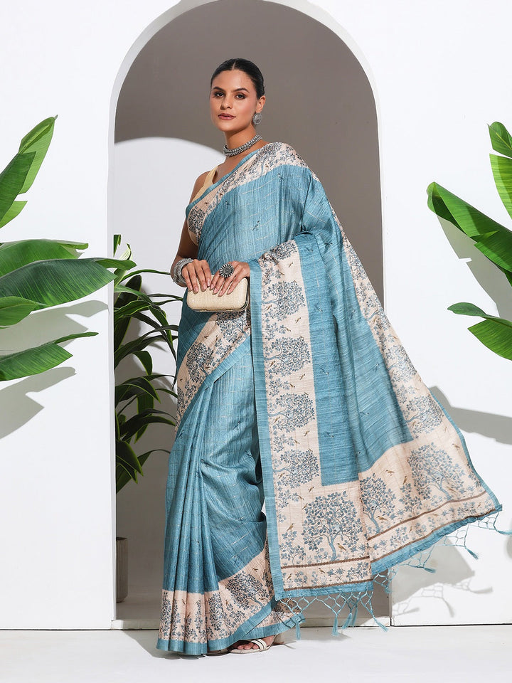 Floral Printed Tussar Silk Saree