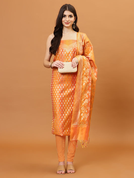 Woven Banarasi Chanderi Unstitched Suit With Dupatta